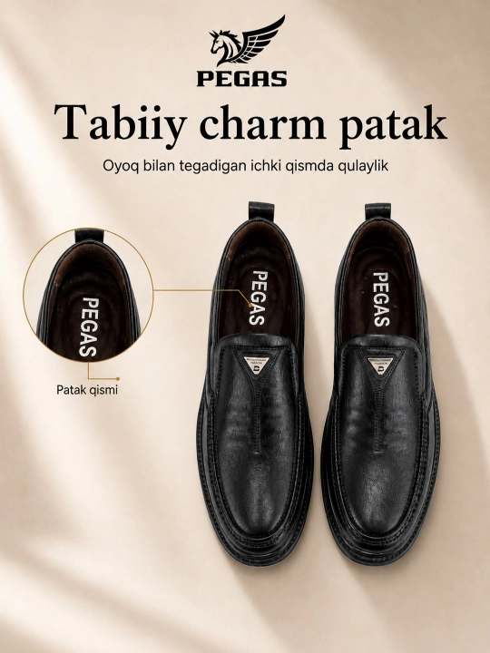 PEGAS erkaklar mokasini – kundalik, bog‘ichsiz, eko-charm, tabiiy charm patak, 39–44