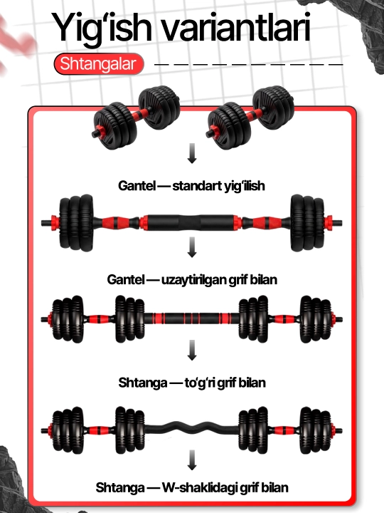 Gantel va shtanga, 2 tasi 1 da, 10, 15, 20, 30 va 40 kg, kuch mashqlari uchun