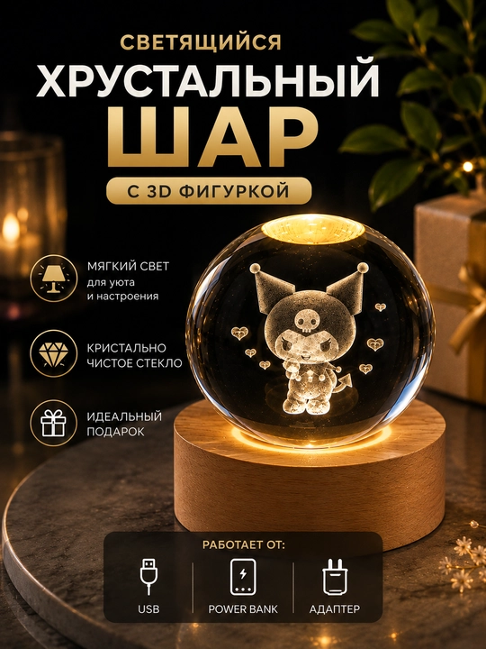 Kristall tungi chiroq, 3D LED lampa, USB sensorli, 3 yorug'lik rejimi, sovg'a uchun - 