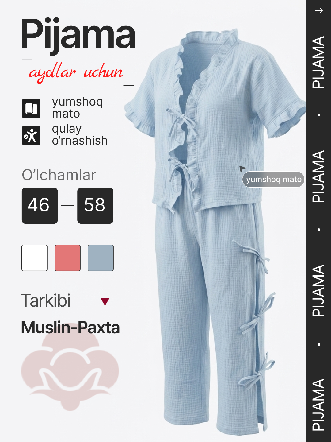 Ayollar muslin pijama, dvoyka: oldi bog'lanadigan kofta va shim, 46-58 o'lcham