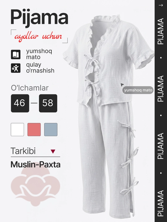 Ayollar muslin pijama, dvoyka: oldi bog'lanadigan kofta va shim, 46-58 o'lcham