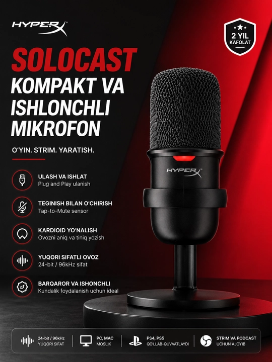 Hyperx solocast usb kondensator mikrofon streaming podcast gaming va yozuv uchun - 