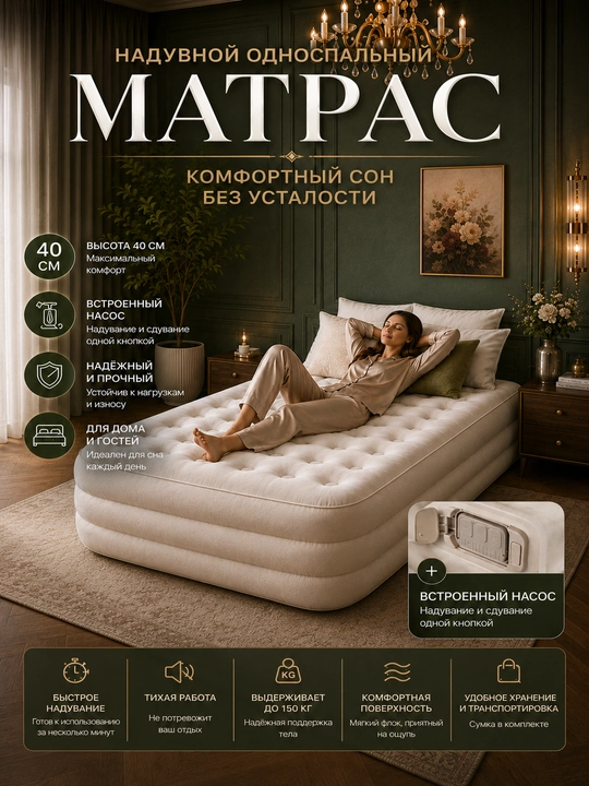 Batareykali avtomatik nasos bilan jihozlangan havo bilan to'ldiriladigan matras - 