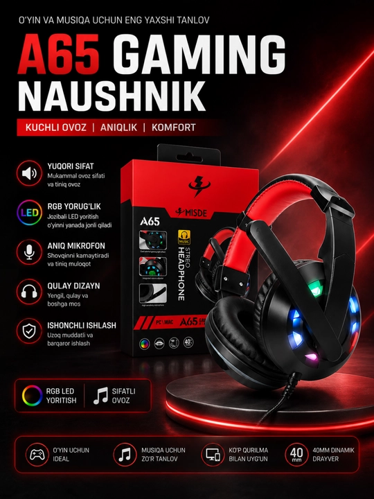 A65 gaming stereo naushnik RGB LED Mmkrofonli simli quloqchin PC, laptop va telefon uchun - 