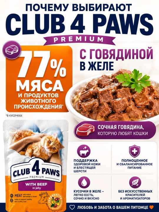 CLUB 4 PAWS Premium — влажный корм для кошек с говядиной в желе, 100 г