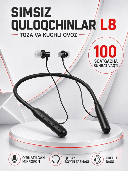 Simsiz quloqchin L7/L8 sport blutuz naushnik, mikrofonli quloqchin, bo‘yin uchun blutuz