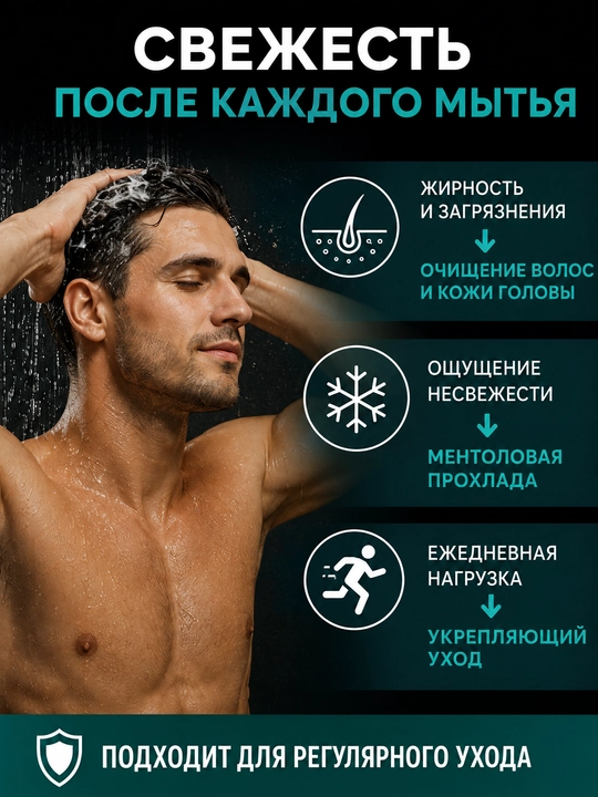 Шампунь для волос мужской VIA mix, питание и укрепление, с ментолом, 390 г, Белкосмекс