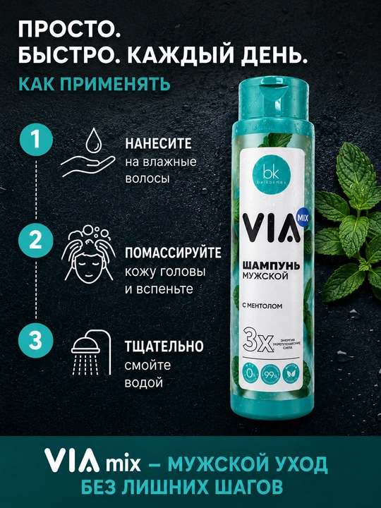 Шампунь для волос мужской VIA mix, питание и укрепление, с ментолом, 390 г, Белкосмекс