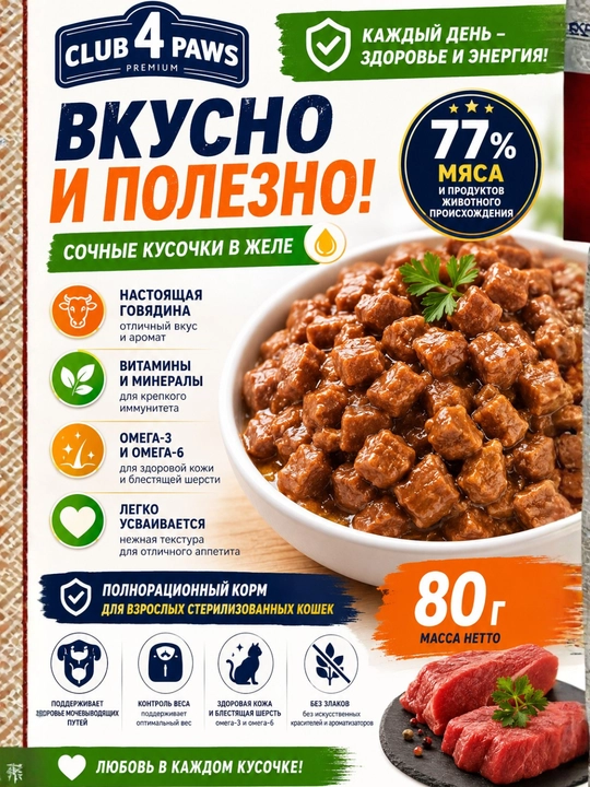 CLUB 4 PAWS Premium — влажный корм для кошек с говядиной в желе, 100 г