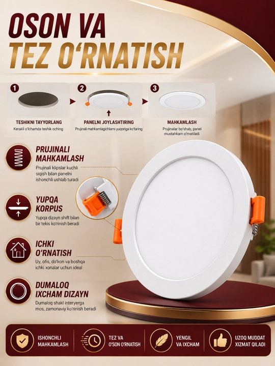 LED panel 24W, shiftga o‘rnatiladigan dumaloq ichki yoritish chirog‘i