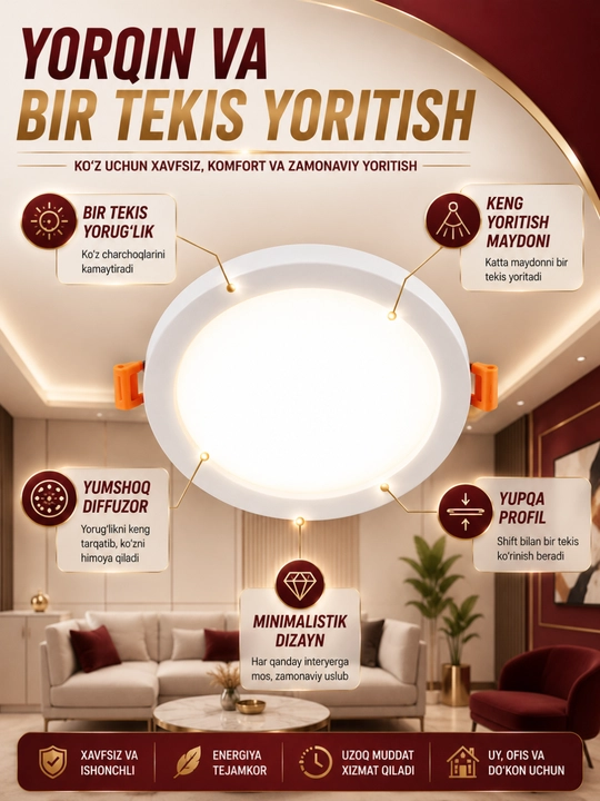 LED panel 24W, shiftga o‘rnatiladigan dumaloq ichki yoritish chirog‘i