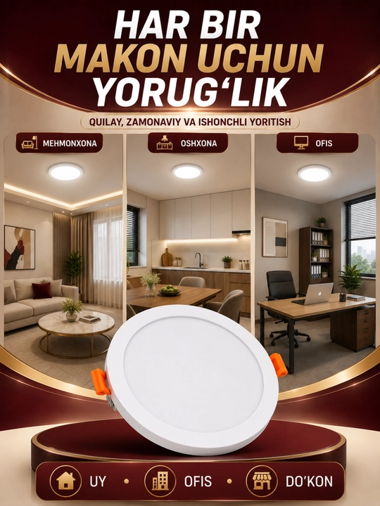 LED panel 24W, shiftga o‘rnatiladigan dumaloq ichki yoritish chirog‘i