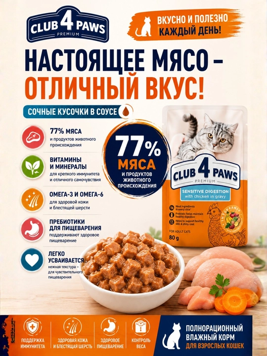 CLUB 4 PAWS Premium — влажный корм для кошек с говядиной в желе, 100 г