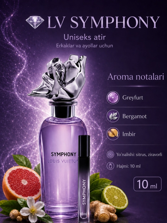 LV SYMPHONY erkaklar va ayollar uchun atir, sitrus, bergamot va zanjabil - 
