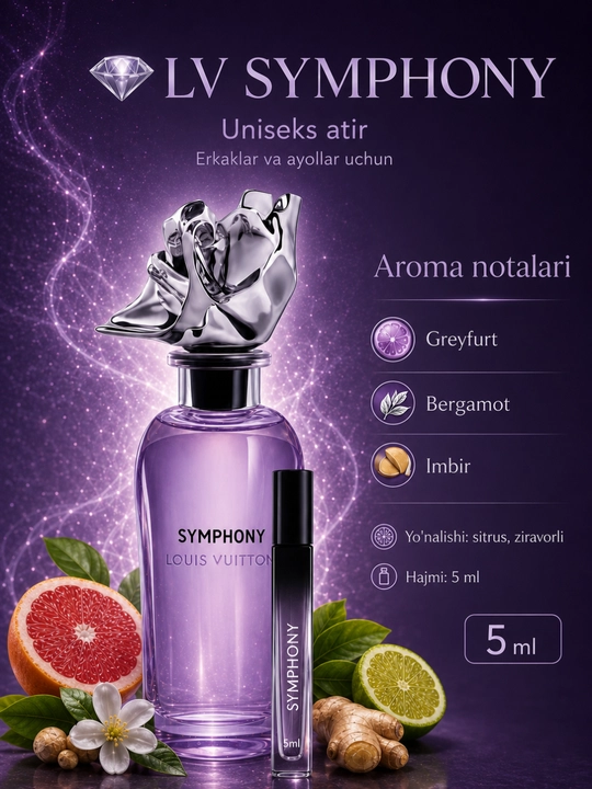 LV SYMPHONY erkaklar va ayollar uchun atir, sitrus, bergamot va zanjabil - 
