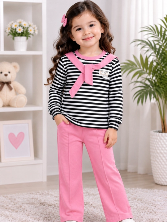 Qizaloqlar uchun pushti shimli chiziqli 2 qismli kostyum - 