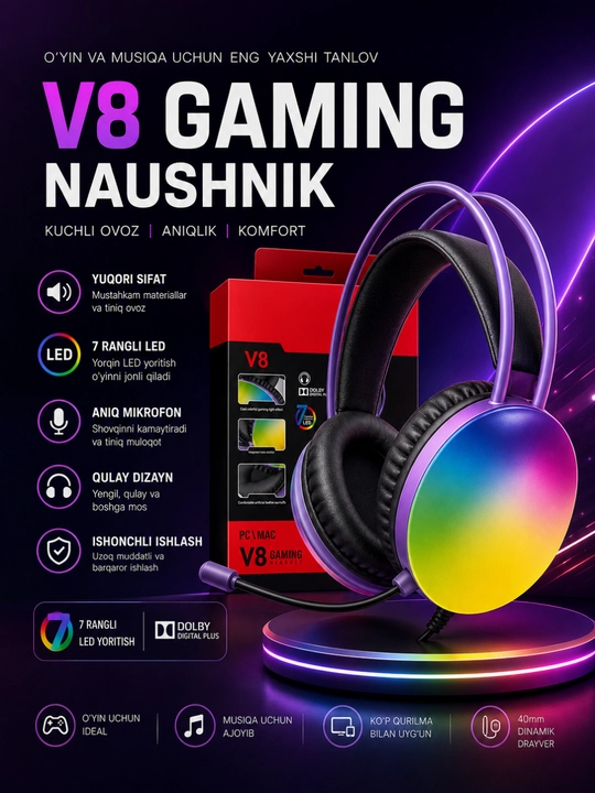 Kompyuter, noutbuk va smartfon uchunRGB LED mikrofonli V8 Gaming stereo o‘yin naushniklari - 
