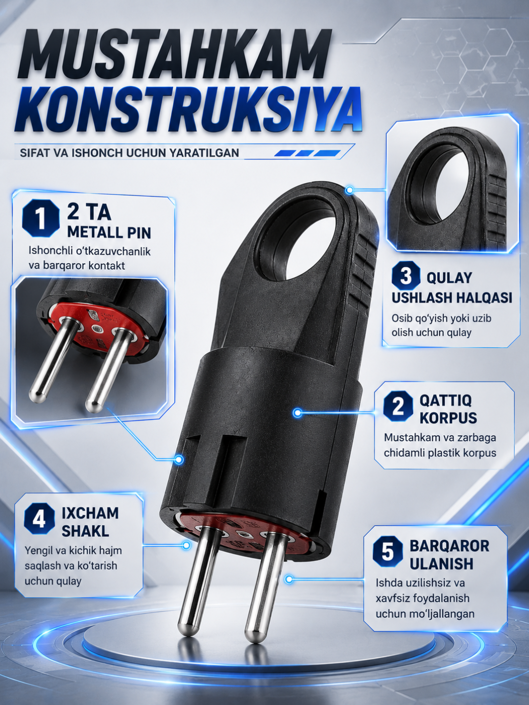 Vilka elektr adapter, 2 pinli rozetka uchun elektr ulash vilkasi
