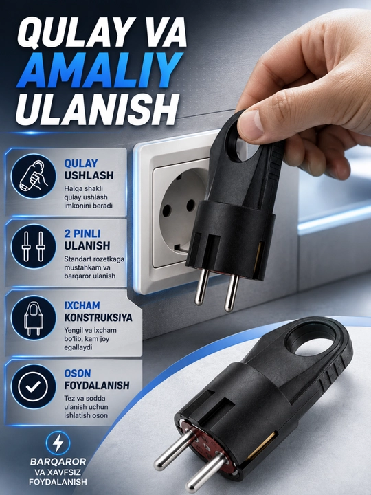 Vilka elektr adapter, 2 pinli rozetka uchun elektr ulash vilkasi