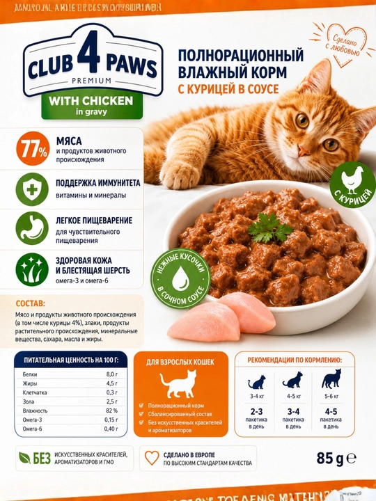 CLUB 4 PAWS Premium — влажный корм для кошек с говядиной в желе, 100 г
