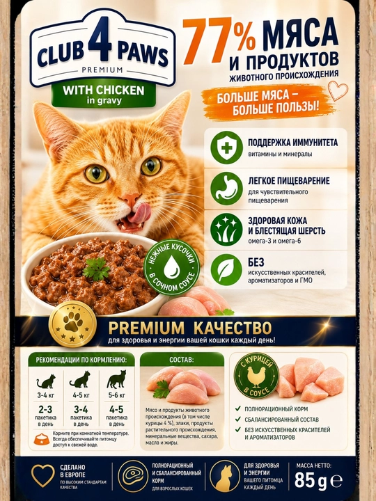 CLUB 4 PAWS Premium — влажный корм для кошек с говядиной в желе, 100 г