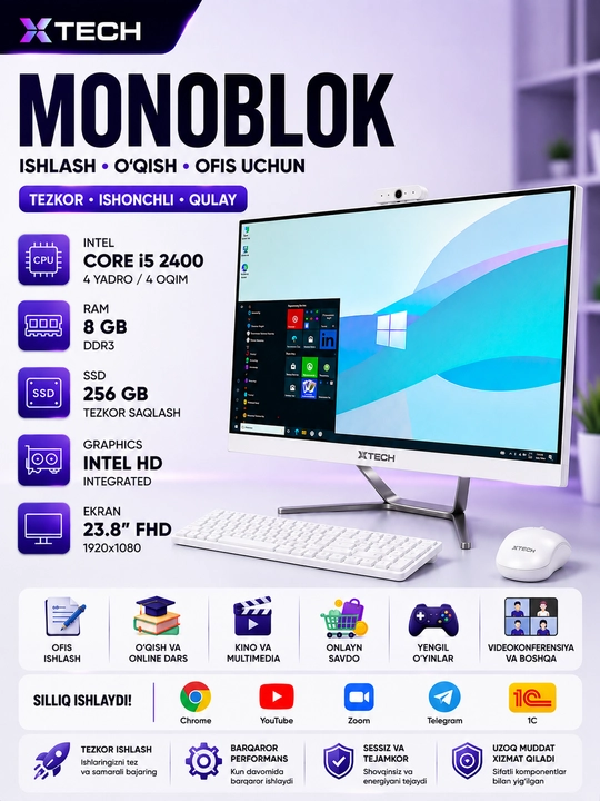 Monoblok Xtech 24" FHD, Intel Core i5, 8GB RAM, SSD 256GB+Sichqoncha va klaviatura sovg'a - 