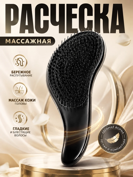Расческа для волос массажная, маленькая, черная - 