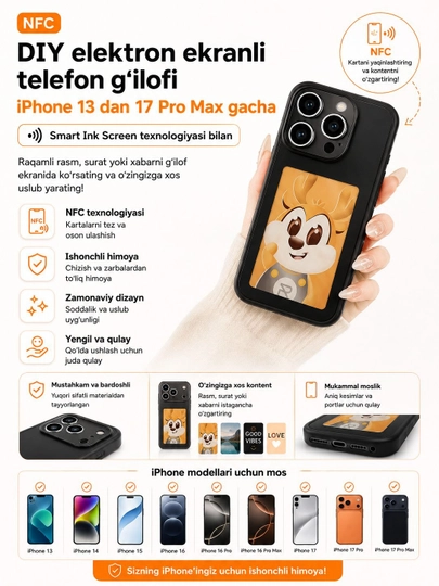 E-Ink NFC чехол с электронным экраном, сменным изображением для iPhone 13–17 Pro Max