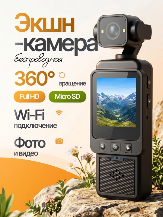 Портативная спортивная камера 1080P, объектив 270°, Wi-Fi, 2-дюймовый дисплей, - 