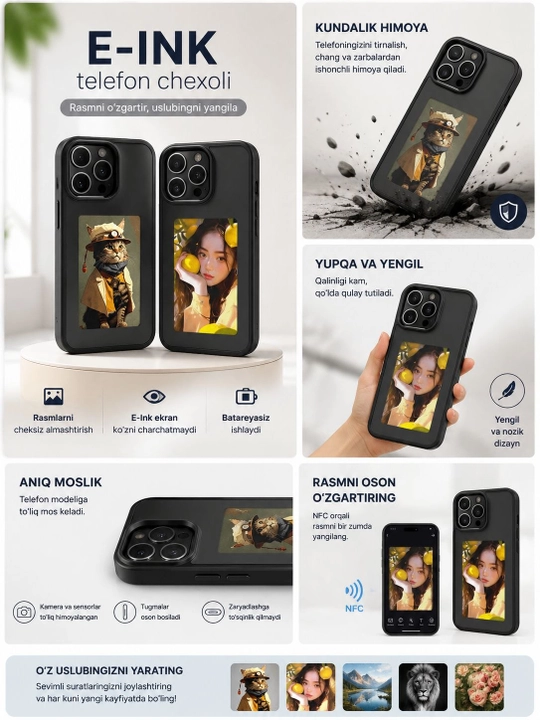 E-Ink NFC elektron ekranli himoya g‘ilofi, rasm almashtiruvchi, iPhone 13–17 Pro Max uchun