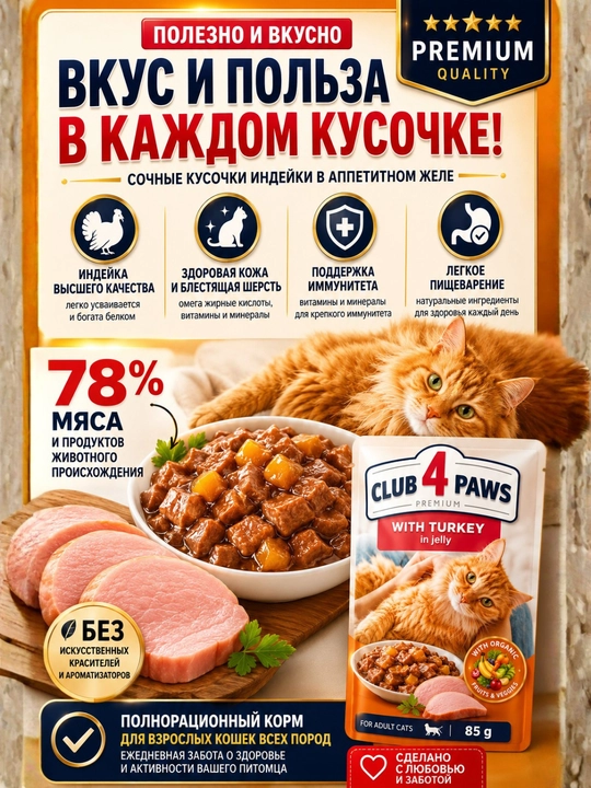 CLUB 4 PAWS Premium — mushuklar uchun mol go‘shtli jeledagi nam yem, 100 g