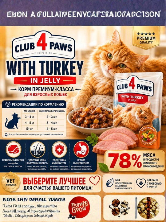 CLUB 4 PAWS Premium — mushuklar uchun mol go‘shtli jeledagi nam yem, 100 g