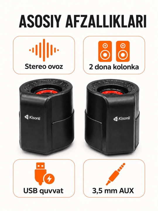 Колонки для компьютера Kisonli A-909, 2 шт., USB 2.0, AUX 3,5 мм