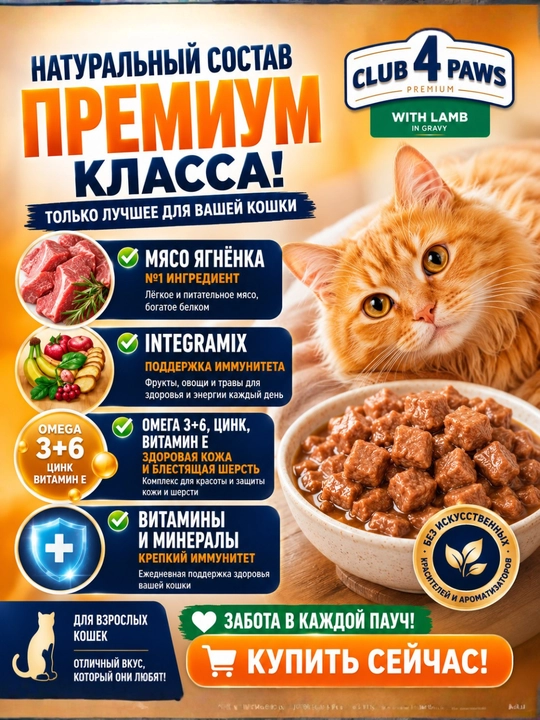 CLUB 4 PAWS Premium — влажный корм для кошек с говядиной в желе, 100 г