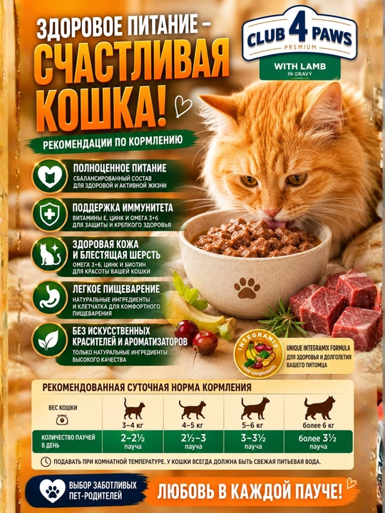 CLUB 4 PAWS Premium — влажный корм для кошек с говядиной в желе, 100 г