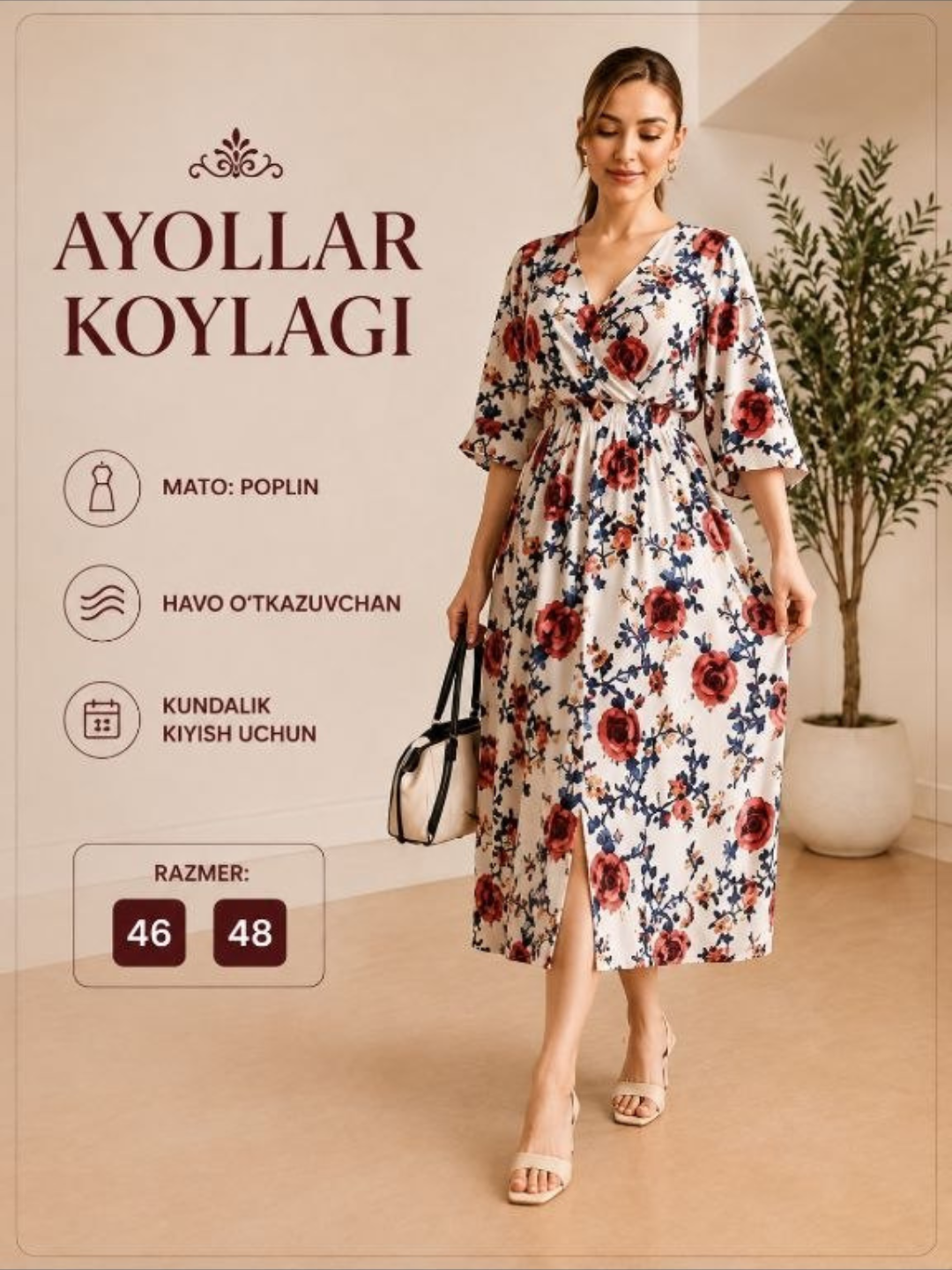 Ayollar ko'ylagi uzun, poplin matodan, kundalik va uyga kiyish uchun, o'lcham 46-48 - 