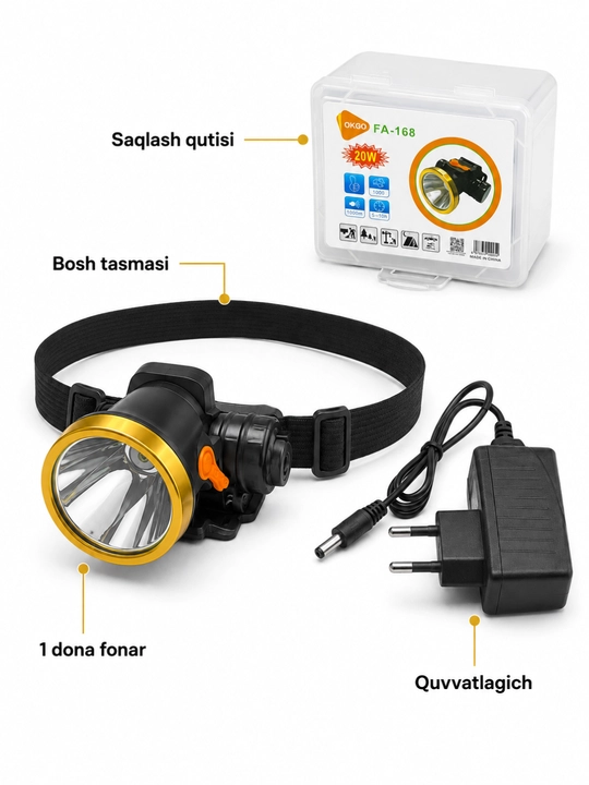 Bosh fonari OKGO FA-168, 20 W, qayta quvvatlanadigan, bosh tasmali, qutisi bilan