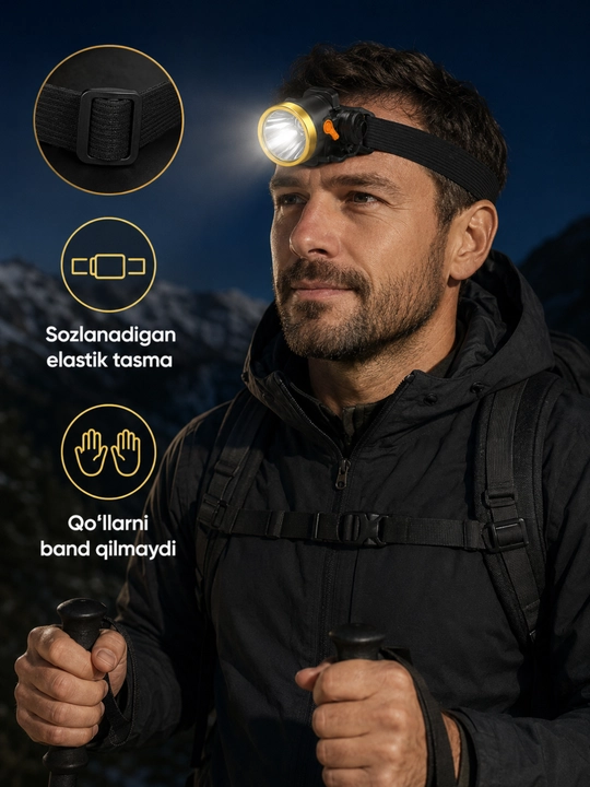 Bosh fonari OKGO FA-168, 20 W, qayta quvvatlanadigan, bosh tasmali, qutisi bilan
