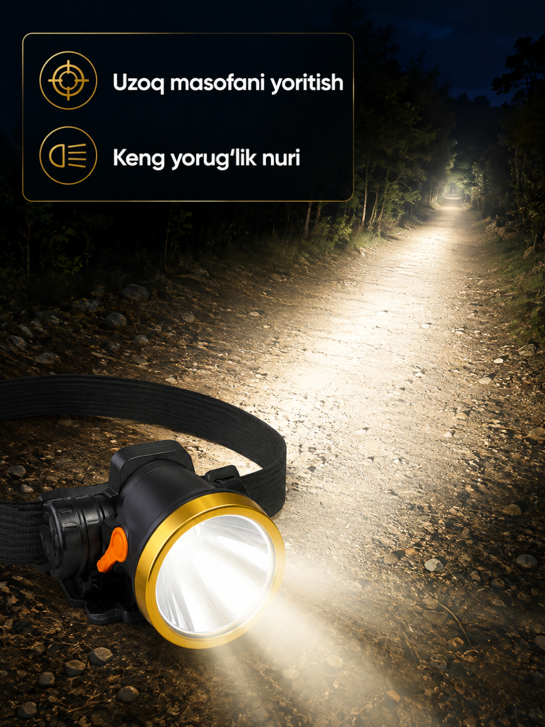 Bosh fonari OKGO FA-168, 20 W, qayta quvvatlanadigan, bosh tasmali, qutisi bilan