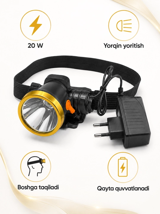 Bosh fonari OKGO FA-168, 20 W, qayta quvvatlanadigan, bosh tasmali, qutisi bilan - 
