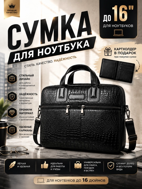 Сумка для ноутбука 15.6, 16" универсальная, экокожа, для работы, учебы и для документов - 