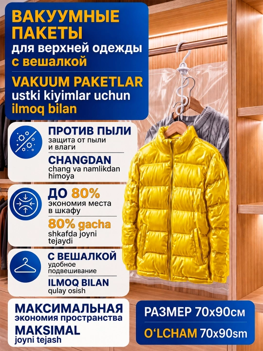 Вакуумный пакет-мешок с клапаном для хранения одежды и вещей, многоразовые
