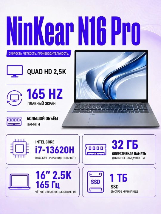 Ноутбук NinKear N16 Pro 16″ 2.5K 165 Гц, i7-13620H, 32 ГБ, SSD 1 ТБ/2ТБ - 