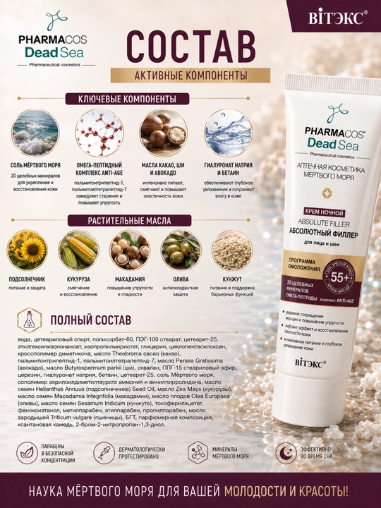 Антивозрастной крем для лица и шеи Pharmacos Dead Sea, 50 мл