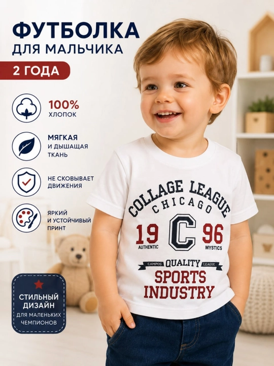 O‘g‘il bola uchun futbolka, 2 yosh, oq rangda, Chicago Sports Industry - 