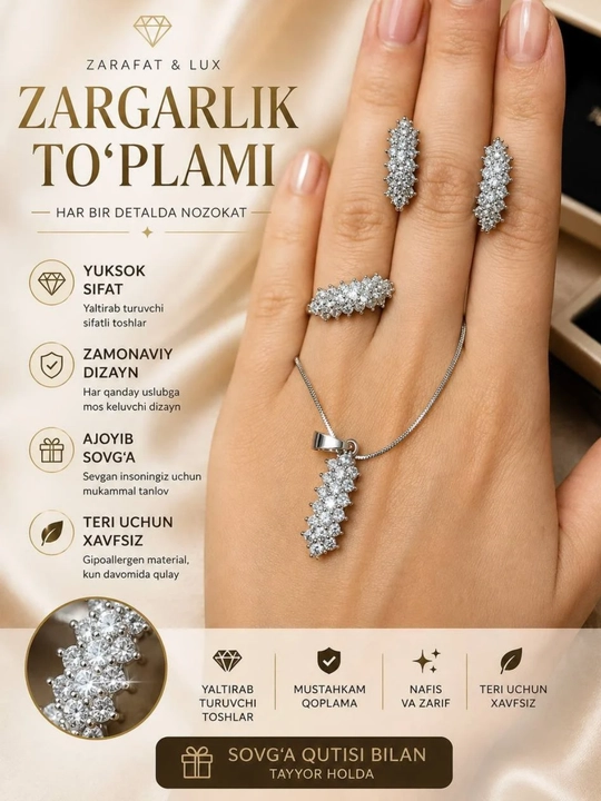 Ayollar zargarlik to‘plami, zanjirli marjon, sirg‘a va uzuk jamlanmasi, assortiment