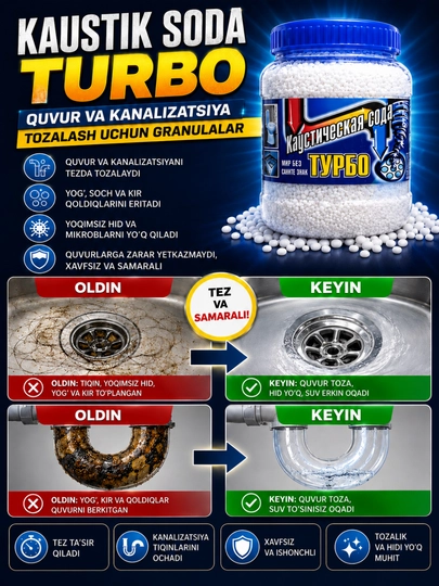 Kaustik soda TURBO – Quvur va kanalizatsiya tozalash uchun granulalar