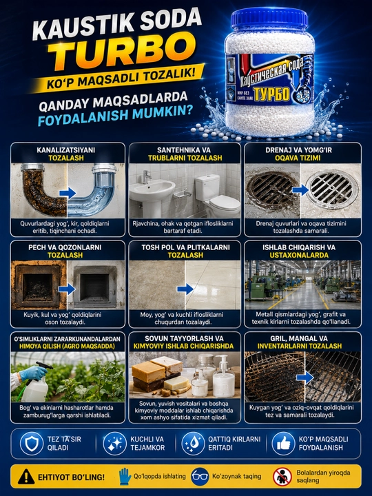Kaustik soda TURBO – Quvur va kanalizatsiya tozalash uchun granulalar