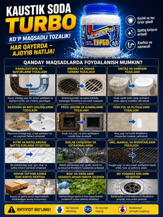 Kaustik soda TURBO – Quvur va kanalizatsiya tozalash uchun granulalar