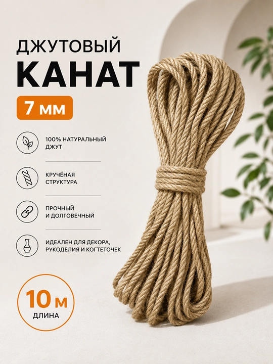 Джутовый канат натуральный кручёный для декора, макраме и рукоделия - 